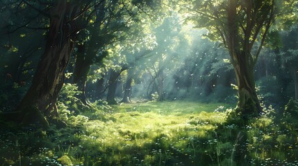 Obraz premium Enchanting forest clearing with dappled sunlight filtering through dense trees, creating a serene and magical ambiance. 