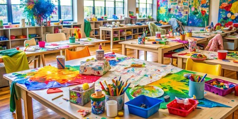 Colorful art supplies and half-finished projects clutter a lively classroom table, surrounded by scattered paper scraps and paint-splattered smocks, evoke creative chaos.