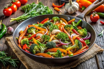Vibrant bell peppers, carrots, broccoli, and onions sizzle in a wok, surrounded by fresh herbs, as a savory stir-fry takes shape amidst a kitchen's warm ambiance.