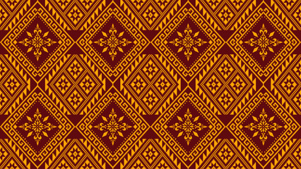 Gold geometric seamless pattern on dark red background.