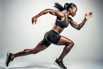 Fit black female athlete in sleek sportswear runs energetically against a clean white background, capturing dynamic movement and strength in a solitary motion.