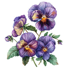 A bouquet of purple pansy flowers with yellow centers on transparent background. Watercolor