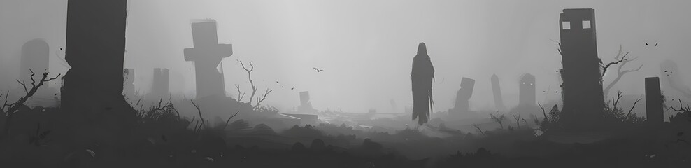 Fototapeta premium Pale Halloween Background with Cemetery in a Thick Mist. Atmospheric Night Scene