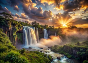 Dramatic sunset scene featuring a massive waterfall flowing in reverse, defying gravity, amidst misty clouds and lush greenery in a surreal, mystical atmosphere.