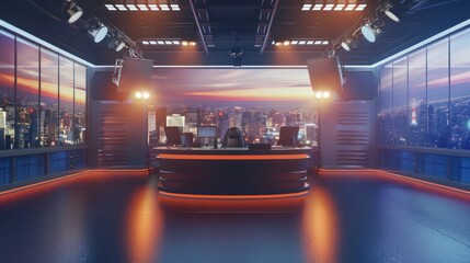 Television studio with news anchors reporting live from a news desk.