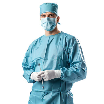 Surgeon in scrub suit holding surgical instrument, prepared for surgery. Professional healthcare worker in medical attire.