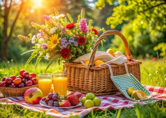 A wicker picnic basket filled with colorful blankets, fresh fruits, and refreshing drinks, surrounded by lush greenery and vibrant flowers, on a sunny day.