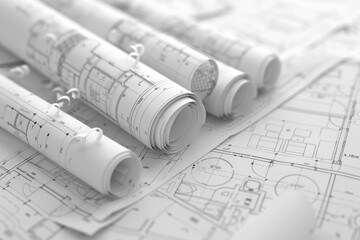 A 3D render of architectural blueprints showcasing a modern construction and design concept.