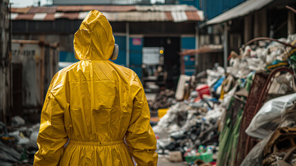 Obraz premium Person In Yellow Protective Suit Walking Through Trash Filled Urban Alleyway