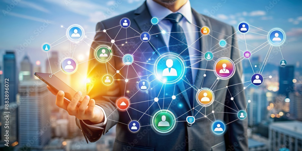Poster virtual screen displaying digital marketing concept with various social media network and mobile app