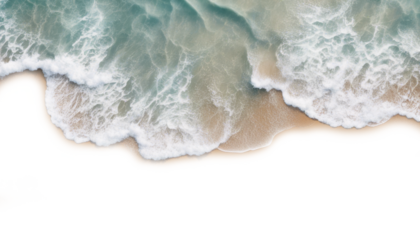 Top view of ocean waves crashing on a sandy beach, with turquoise water and white foam isolated on transparent background 