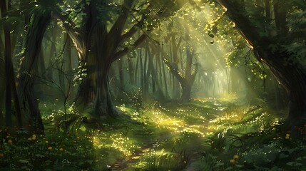Naklejka premium Enchanting forest clearing with dappled sunlight filtering through dense trees, creating a serene and magical ambiance. 