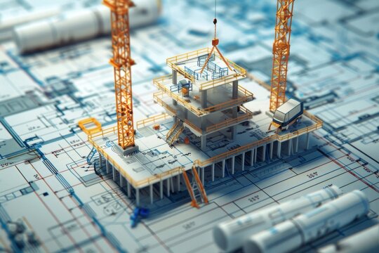 A 3D render of architectural blueprints showcasing a modern construction and design concept.