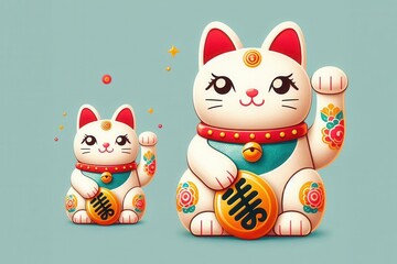Fototapeta premium A traditional Japanese Maneki-neko, also known as a lucky cat or fortune cat, with one paw raised, wearing a red collar with a gold bell – Generated image