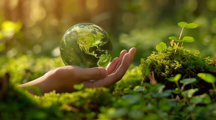 Hand Holding Glass Earth Globe in Lush Green Forest