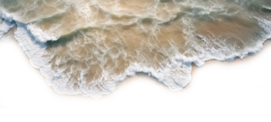 Aerial view of ocean waves crashing on the sandy beach, creating beautiful white frothy isolate on transparent background, cutout, png