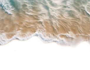 Aerial view of ocean waves gently crashing onto a sandy beach shore isolated on transparent background 