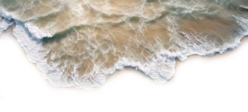 Aerial view of ocean waves crashing on the sandy beach, creating beautiful white frothy isolate on transparent background, cutout, png