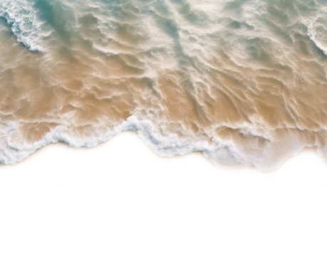 Aerial view of ocean waves gently crashing onto a sandy beach shore isolated on transparent background  - Powered by Adobe