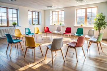 Fototapeta premium Empty circle of chairs in a bright modern room awaiting a diverse group of young adults for a collaborative therapy or support session.