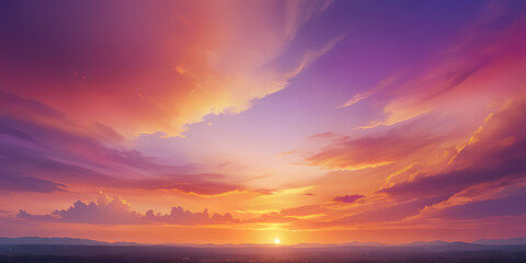 Orange, pink, purple and yellow fiery sunset