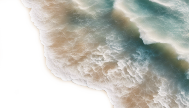 Aerial view of ocean waves crashing to a sandy beach isolate on transparent background, cutout, png
