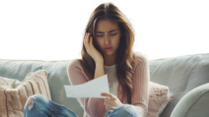 Upset and worried young woman reading a received letter at home, sitting on the sofa and holding her head