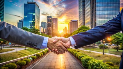 A serene outdoor landscape at twilight features a symbolic handshake seal on a deal, celebrating a triumphant career milestone amidst a bustling urban atmosphere.