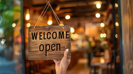 Charming Wooden "WELCOME" Sign Held by Hand on Glass Door of Coffee Shop with Bokeh Effect and Blurred Background, Ideal for Commercial Use