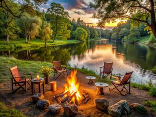 Warm summer evening atmosphere by the river, serene campfire lighting, comfortable outdoor furniture, and lush green surroundings evoke a sense of friendship and adventure.