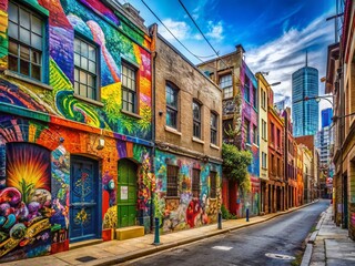 Naklejka premium Vibrant urban streetscape featuring graffiti-clad buildings, colorful paint signs, and eclectic street art, capturing the essence of city's rebellious and creative spirit.