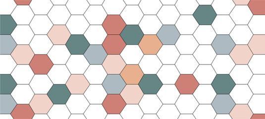 abstract vintage hexagon honeycomb texture decorative element background allover seamless pattern design illustration in teal grey natural brown color combination digital home textile and apparels