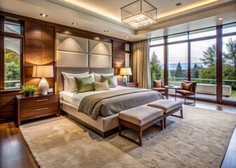 Elegant contemporary bedroom boasts plush carpet, sleek wood accents, and ample natural light, exuding sophistication and relaxation in a spacious, modern abode.