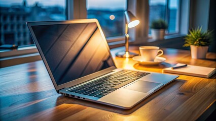 A modern laptop computer sits on a clean desk, keyboard lit up, with fingers seemingly typing away, conveying a sense of technology, work, and productivity.