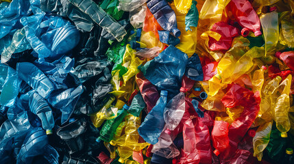 Fototapeta premium A Pile of Crushed Plastic Bottles in Various Colors