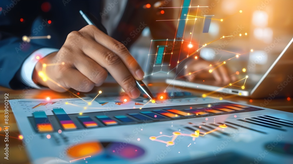 Poster forensic accountants examining financial data discrepancies using advanced visualization tools