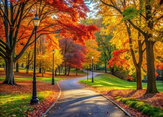 Vibrant autumn foliage surrounds a winding park path, empty except for a freshly walked trail and a distant leash, evoking a sense of peaceful companionship.