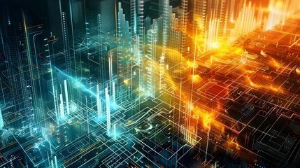 Fototapeta premium Futuristic Data Analytics Overlaying the Urban Landscape at Night