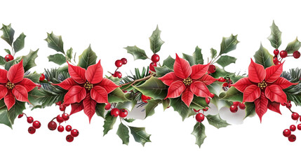 Fototapeta premium A red and green Christmas garland with red poinsettias and berries on transparent background.