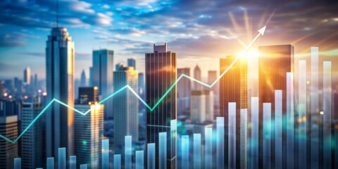 Obraz premium Upward trending graph with rising bars and a steeply inclining line, set against a blurred cityscape background, symbolizing successful stock market investments and growth.