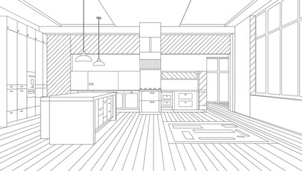 An interior sketch outlines the blueprint design of a kitchen, featuring modern furniture and an island.