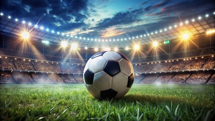 Soccer ball lies abandoned on lush green grass, surrounded by blurred stadium lights, capturing the intense energy and passion of a fierce soccer match.