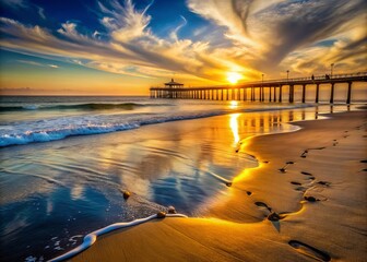 Warm golden light of sunset casts a serene atmosphere on a tranquil beach with gentle waves, footprints in the sand, and a distant pier.