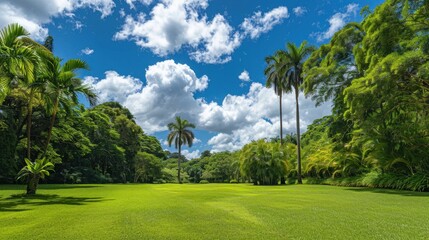 Naklejka premium Beautiful park landscape with lush trees and a blue sky with clouds