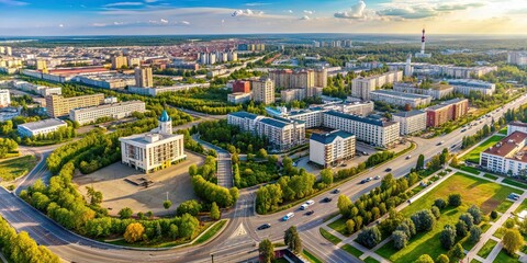 Aerial view of Tyumen oil and gas university and urban intersection, Tyumen