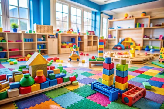 Colorful toys and blocks scattered around a kindergarten classroom floor, showcasing a vibrant and playful atmosphere of learning and imagination for young Indian children.
