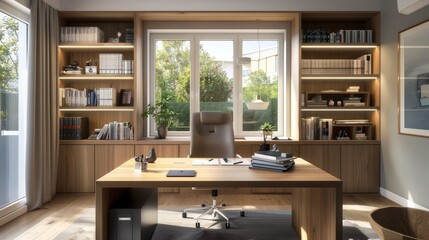 A contemporary home office with a large wooden desk