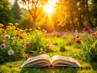 Serene atmosphere of a sunny day, a book lies open on a green lawn, surrounded by vibrant flowers, with a subtle warm light casting a peaceful glow.