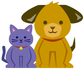 お座りをするちょっとぽっちゃりな可愛い犬と猫のイラストアイコン／茶と紫