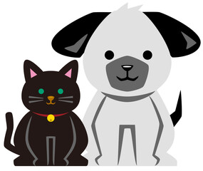 お座りをするちょっとぽっちゃりな可愛い犬と猫のイラストアイコン／グレーと黒